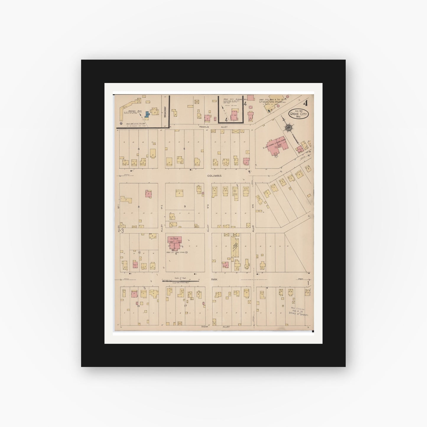 Old map wall art mockup — black gallery frame with white mat — Sanborn Fire Insurance Map from Grove City, Franklin County, Ohio (1922), Sheet #0004