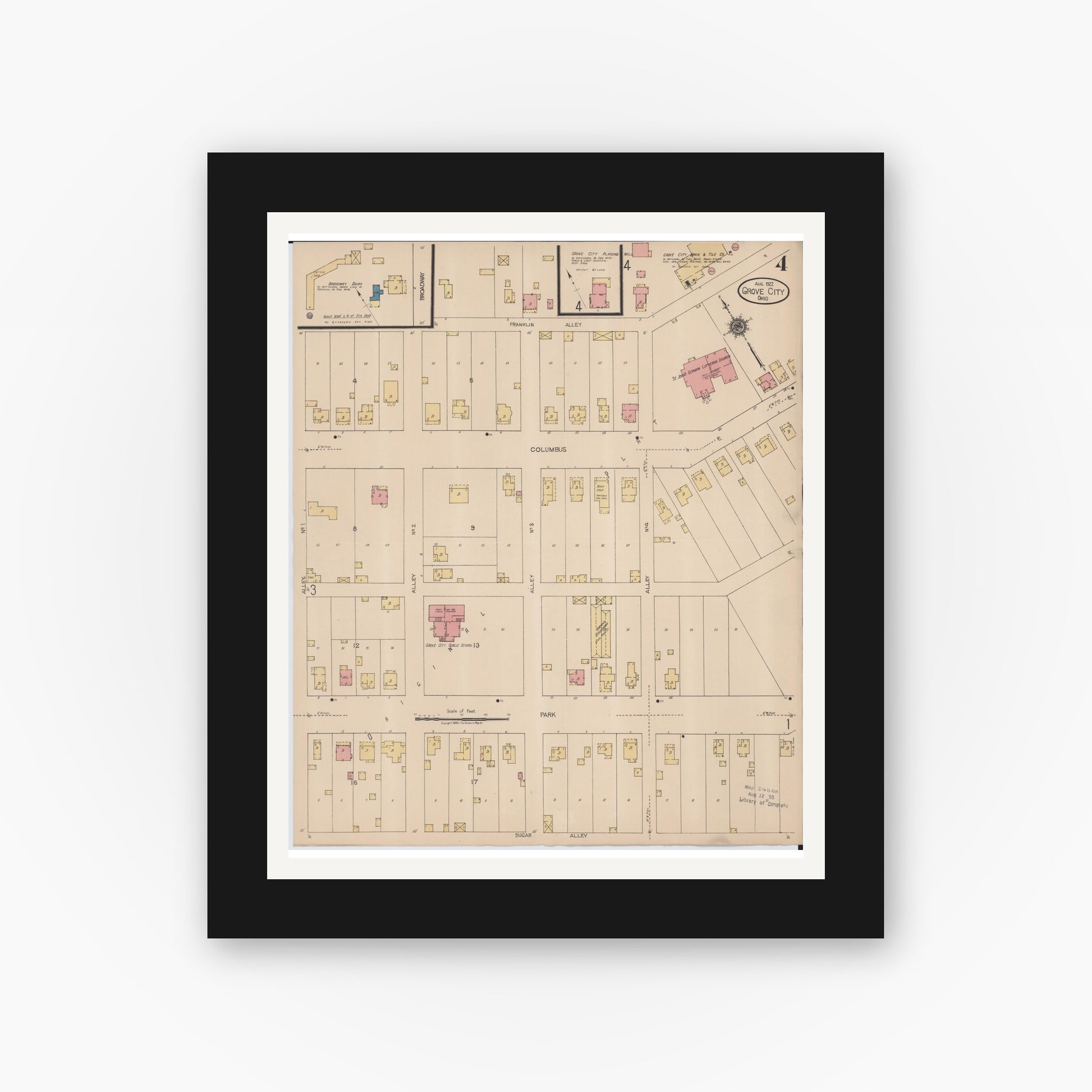 Old map wall art mockup — black gallery frame with white mat — Sanborn Fire Insurance Map from Grove City, Franklin County, Ohio (1922), Sheet #0004