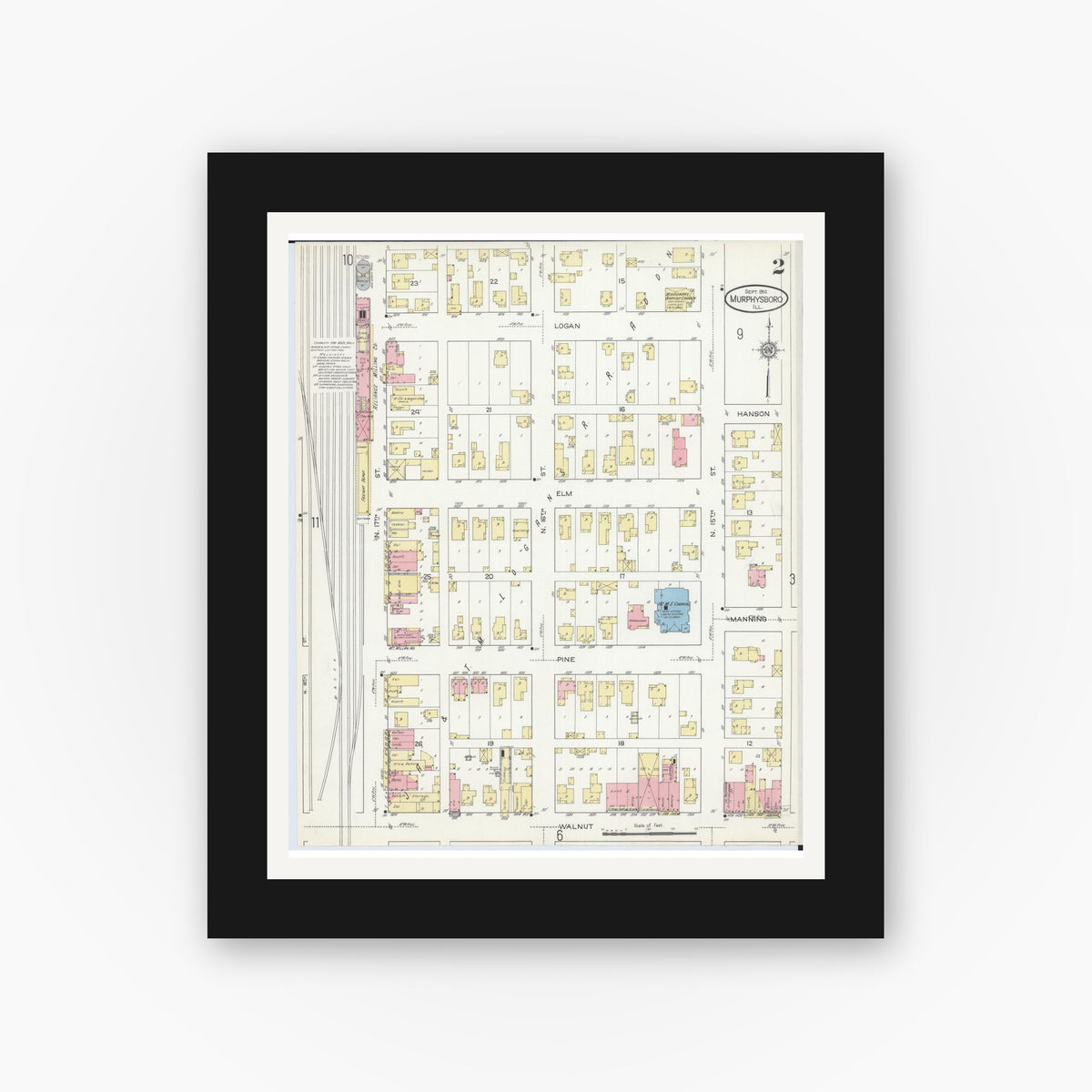 Old map wall art mockup — black gallery frame with white mat — Sanborn Fire Insurance Map from Murphysboro, Jackson County, Illinois (1914), Sheet #0002