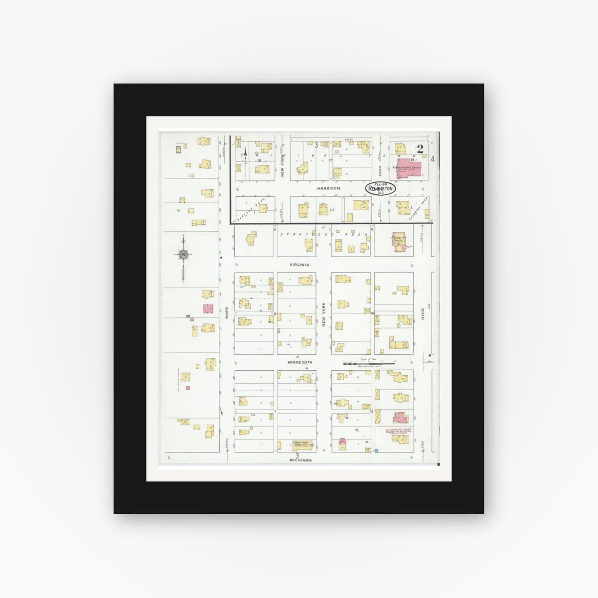 Old map wall art mockup — black gallery frame with white mat — Sanborn Fire Insurance Map from Remington, Jasper County, Indiana (1919), Sheet #0002