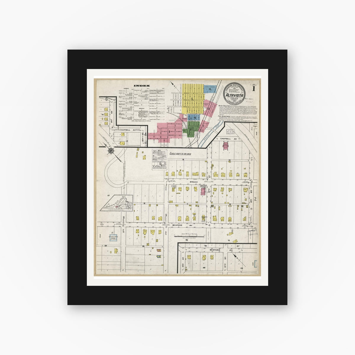 Old map wall art mockup — black gallery frame with white mat — Sanborn Fire Insurance Map from Altavista, Campbell County, Virginia (1918), Sheet #0001