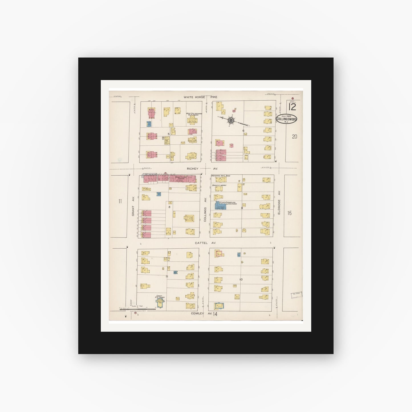 Old map wall art mockup — black gallery frame with white mat — Sanborn Fire Insurance Map from Collingswood, Camden County, New Jersey (1922), Sheet #0012