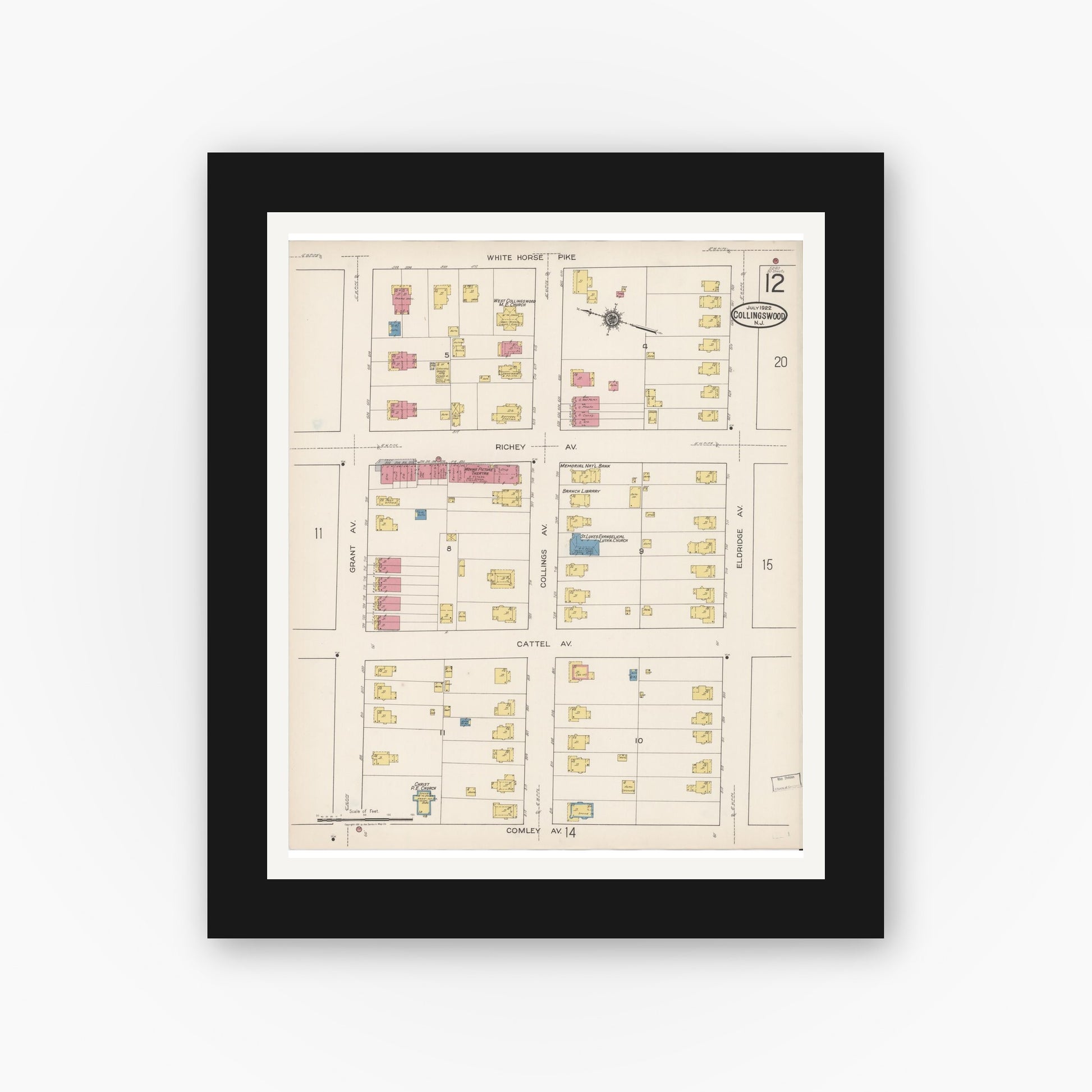 Old map wall art mockup — black gallery frame with white mat — Sanborn Fire Insurance Map from Collingswood, Camden County, New Jersey (1922), Sheet #0012