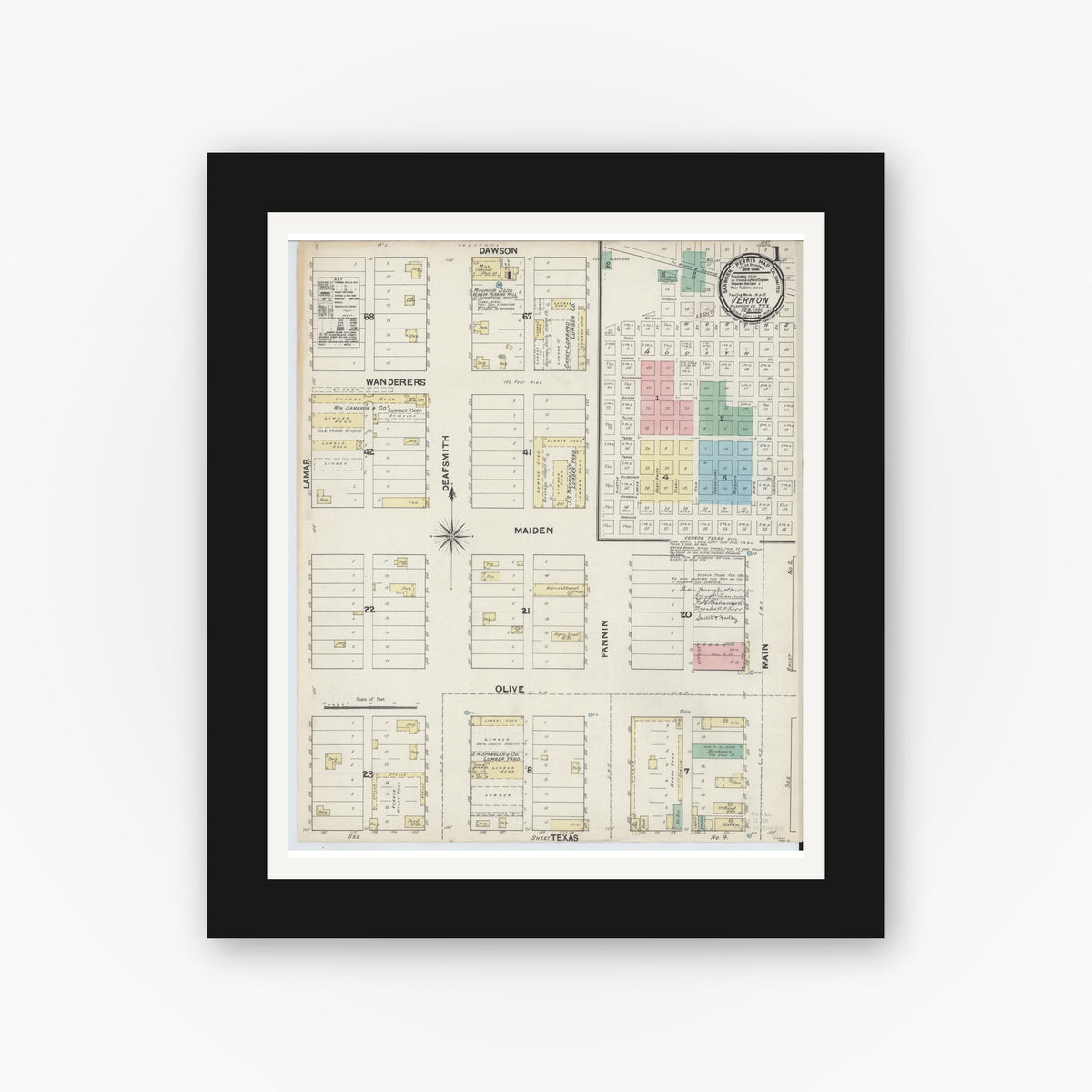 Old map wall art mockup — black gallery frame with white mat — Sanborn Fire Insurance Map from Vernon, Wilbarger County, Texas (1891), Sheet #0001