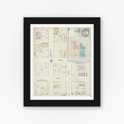 Old map wall art mockup — black gallery frame with white mat — Sanborn Fire Insurance Map from Vernon, Wilbarger County, Texas (1891), Sheet #0001