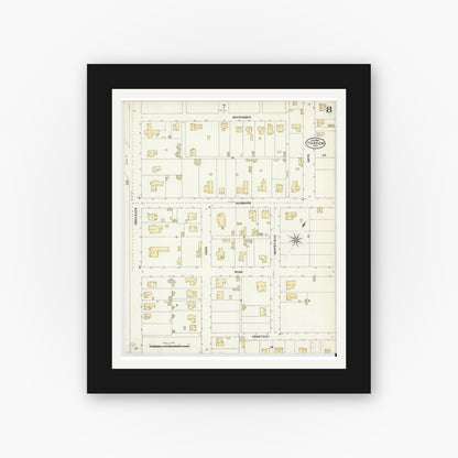 Old map wall art mockup — black gallery frame with white mat — Sanborn Fire Insurance Map from Yoakum, De Witt And Lavaca Counties, Texas (1904), Sheet #0008