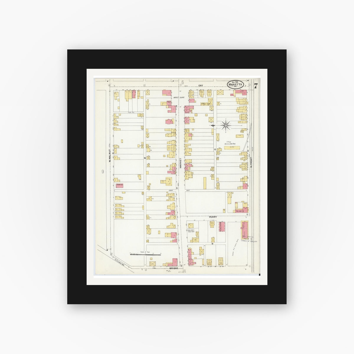 Old map wall art mockup — black gallery frame with white mat — Sanborn Fire Insurance Map from Marietta, Lancaster County, Pennsylvania (1904), Sheet #0007