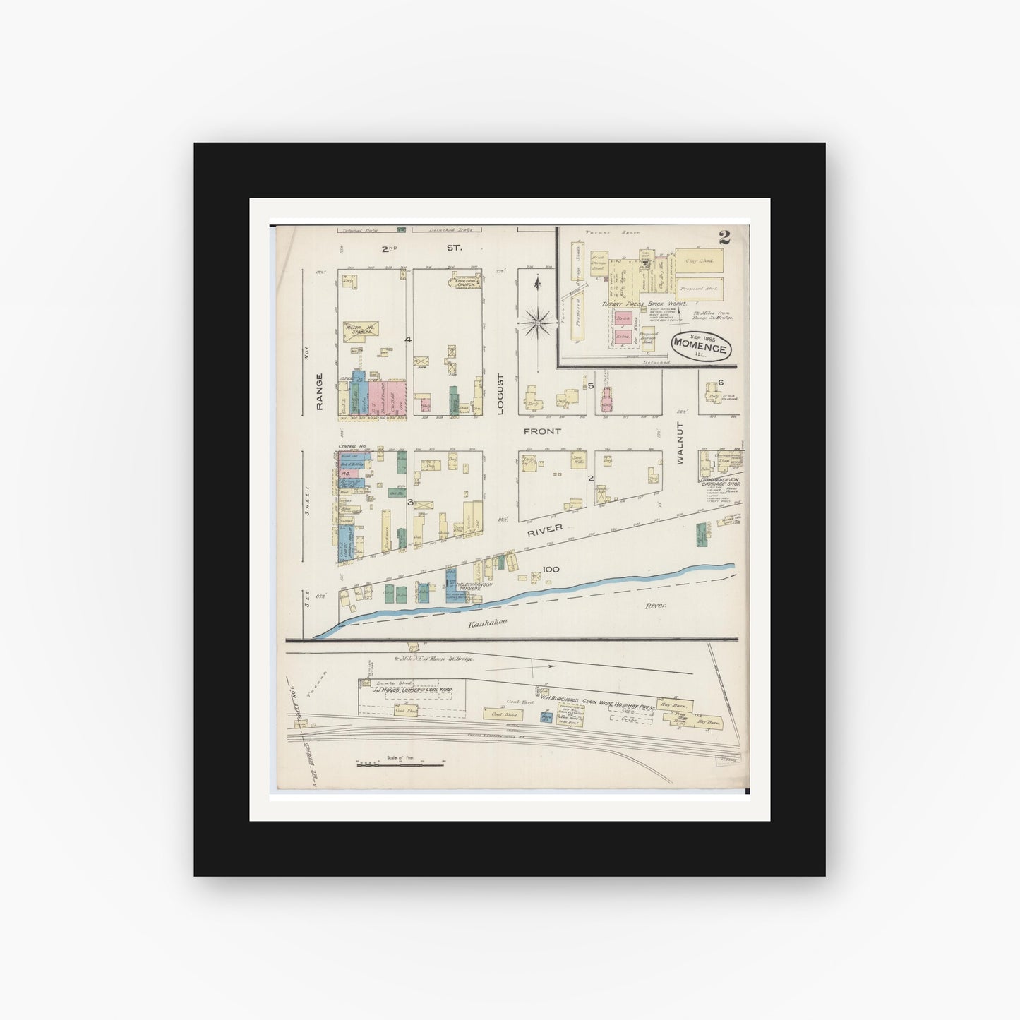 Old map wall art mockup — black gallery frame with white mat — Sanborn Fire Insurance Map from Momence, Kankakee County, Illinois (1885), Sheet #0002