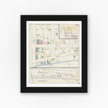 Old map wall art mockup — black gallery frame with white mat — Sanborn Fire Insurance Map from Momence, Kankakee County, Illinois (1885), Sheet #0002