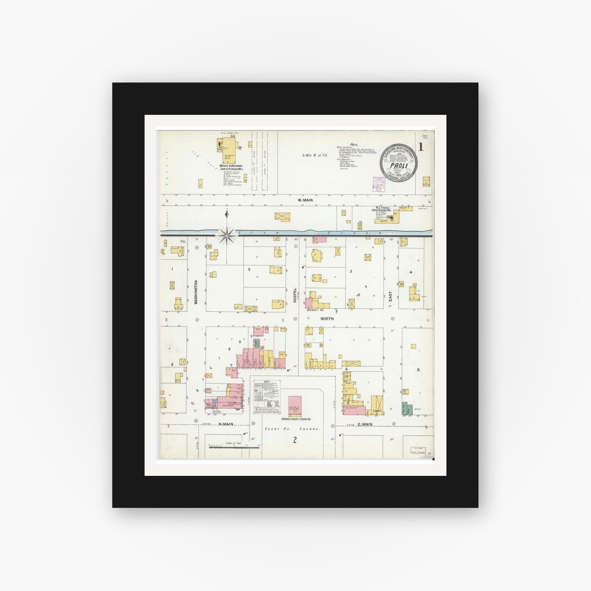 Old map wall art mockup — black gallery frame with white mat — Sanborn Fire Insurance Map from Paoli, Orange County, Indiana (1902) - Complete Map Set