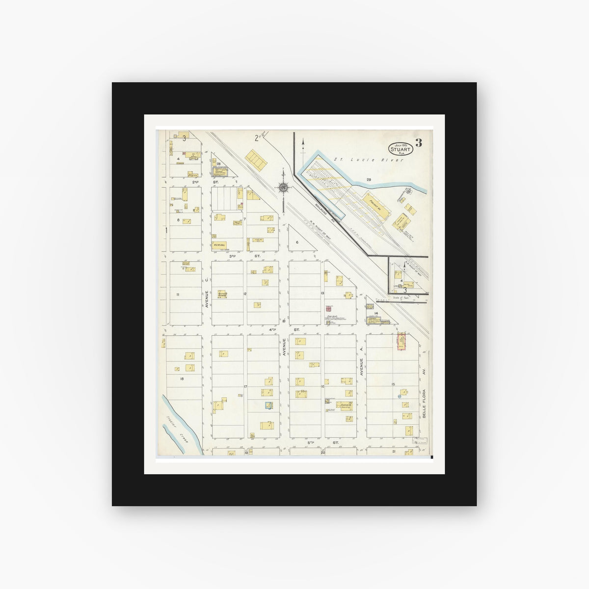 Old map wall art mockup — black gallery frame with white mat — Sanborn Fire Insurance Map from Stuart, Martin County, Florida (1915), Sheet #0003