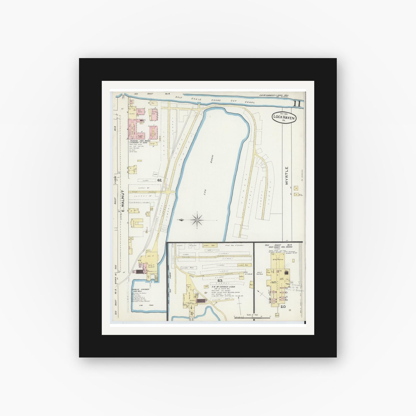 Old map wall art mockup — black gallery frame with white mat — Sanborn Fire Insurance Map from Lock Haven, Clinton County, Pennsylvania (1891), Sheet #0011
