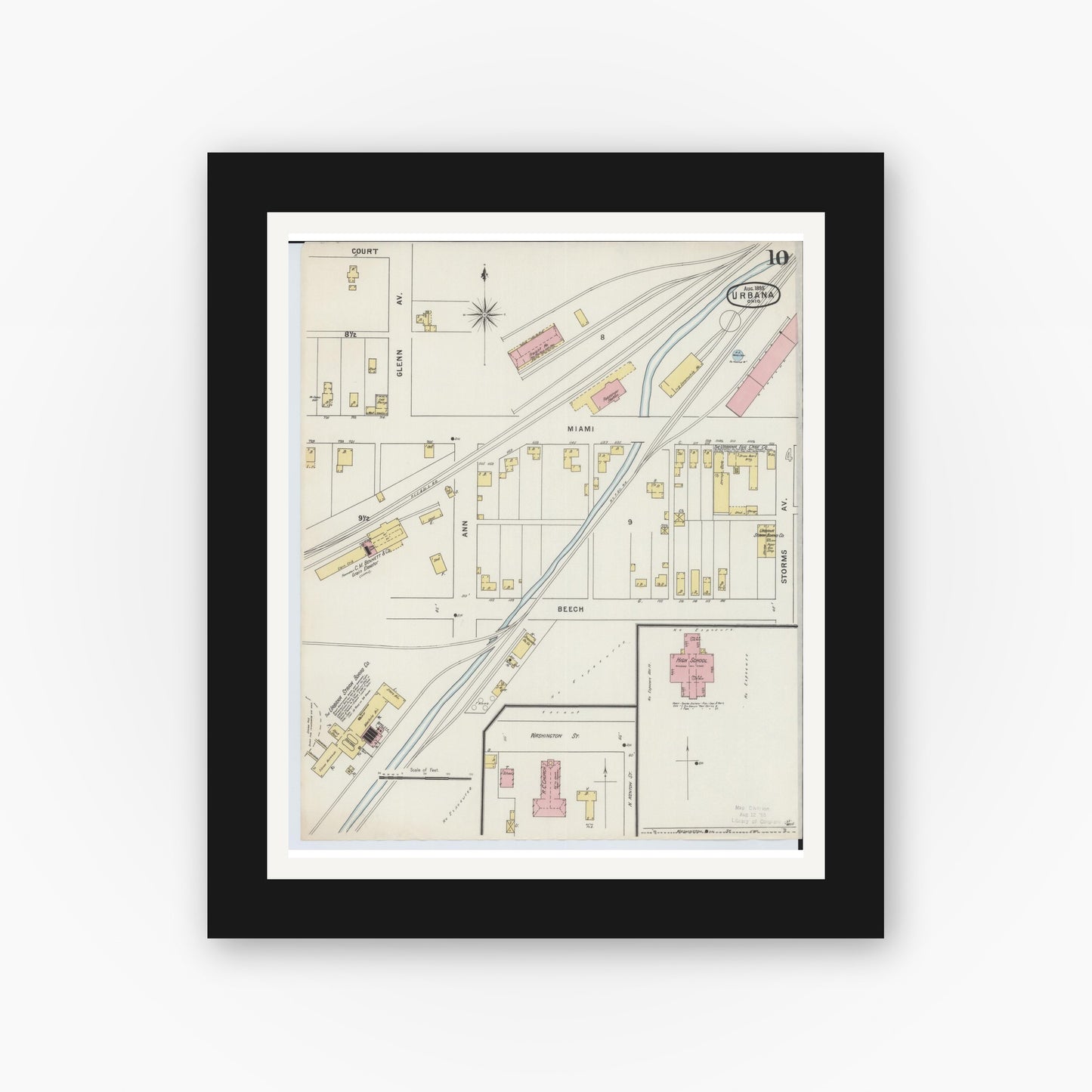 Old map wall art mockup — black gallery frame with white mat — Sanborn Fire Insurance Map from Urbana, Champaign County, Ohio (1895), Sheet #0010
