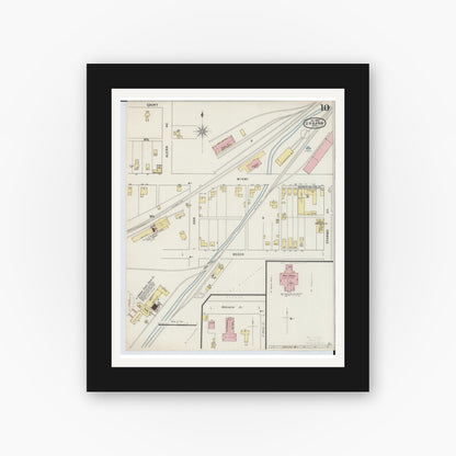 Old map wall art mockup — black gallery frame with white mat — Sanborn Fire Insurance Map from Urbana, Champaign County, Ohio (1895), Sheet #0010