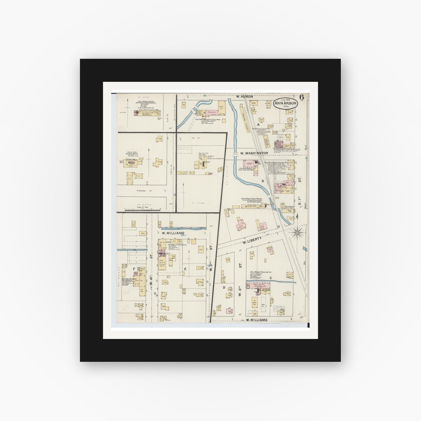 Old map wall art mockup — black gallery frame with white mat — Sanborn Fire Insurance Map from Ann Arbor, Washtenaw County, Michigan (1888), Sheet #0006