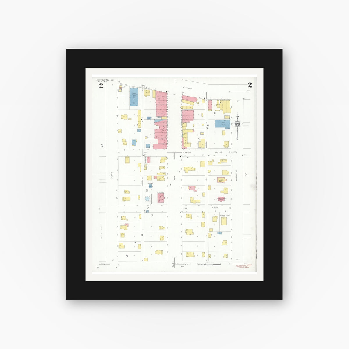 Old map wall art mockup — black gallery frame with white mat — Sanborn Fire Insurance Map from Sheffield, Bureau County, Illinois (1932), Sheet #0002