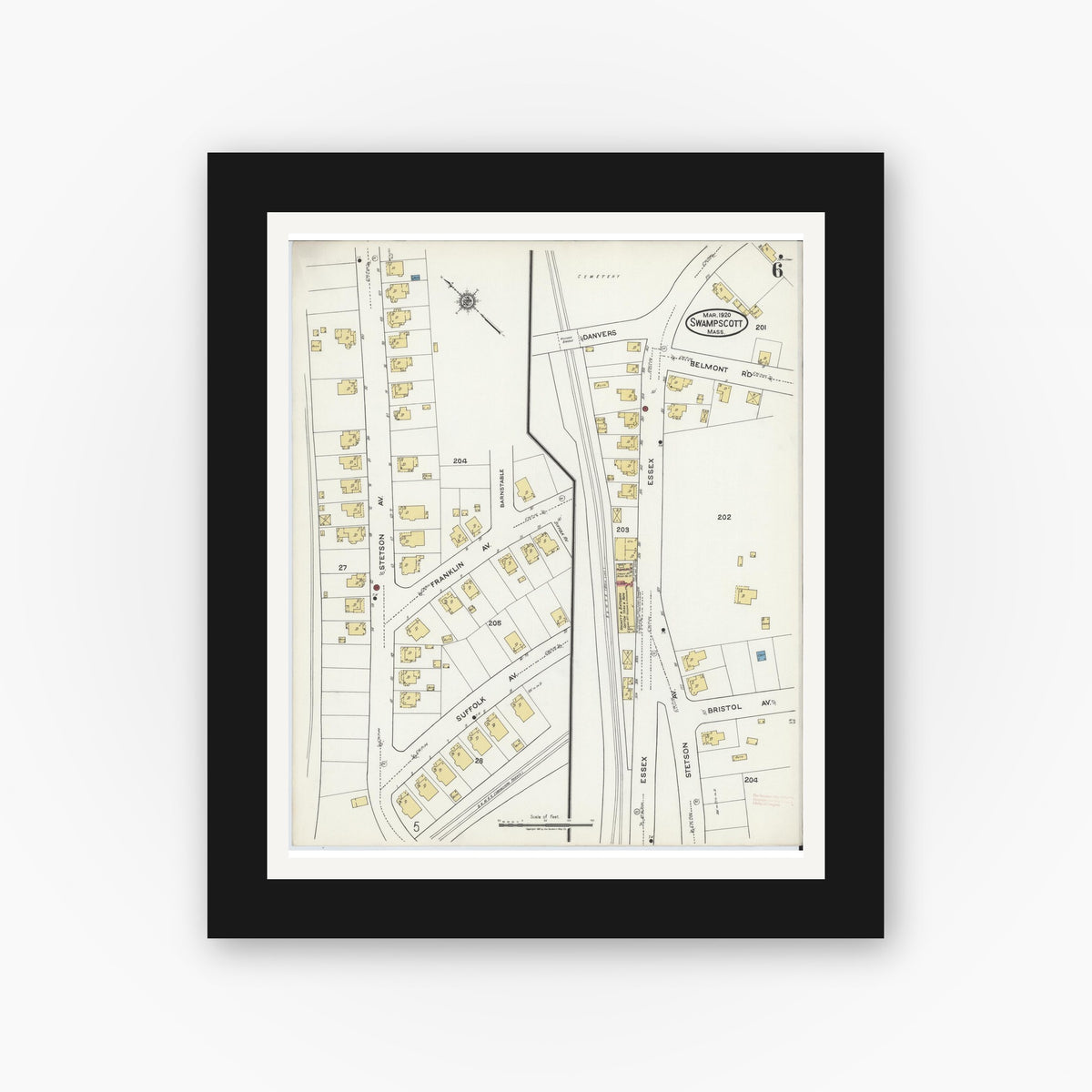 Old map wall art mockup — black gallery frame with white mat — Sanborn Fire Insurance Map from Swampscott, Essex County, Massachusetts (1920), Sheet #0006