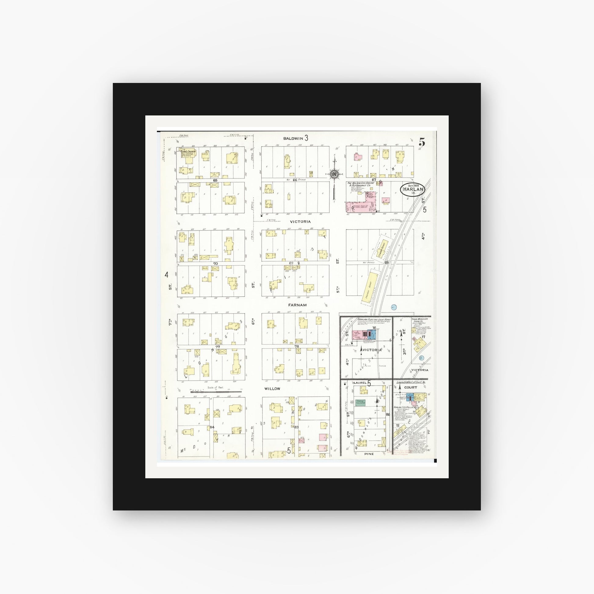 Old map wall art mockup — black gallery frame with white mat — Sanborn Fire Insurance Map from Harlan, Shelby County, Iowa (1909), Sheet #0005