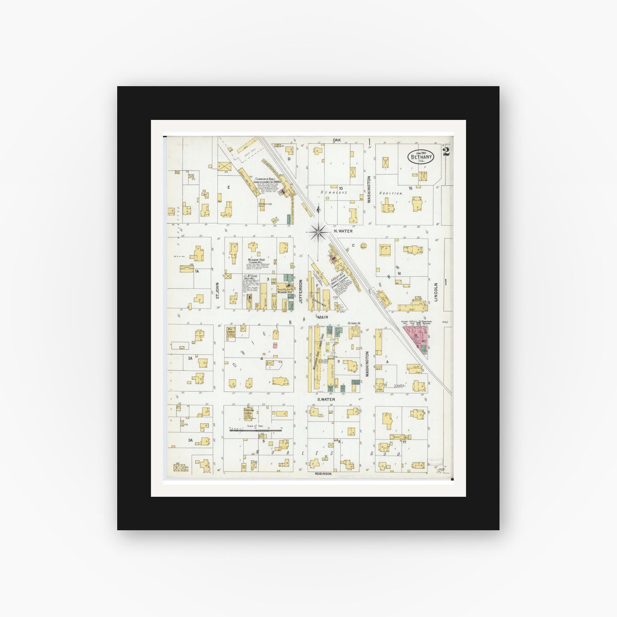 Old map wall art mockup — black gallery frame with white mat — Sanborn Fire Insurance Map from Bethany, Moultrie County, Illinois (1901), Sheet #0002