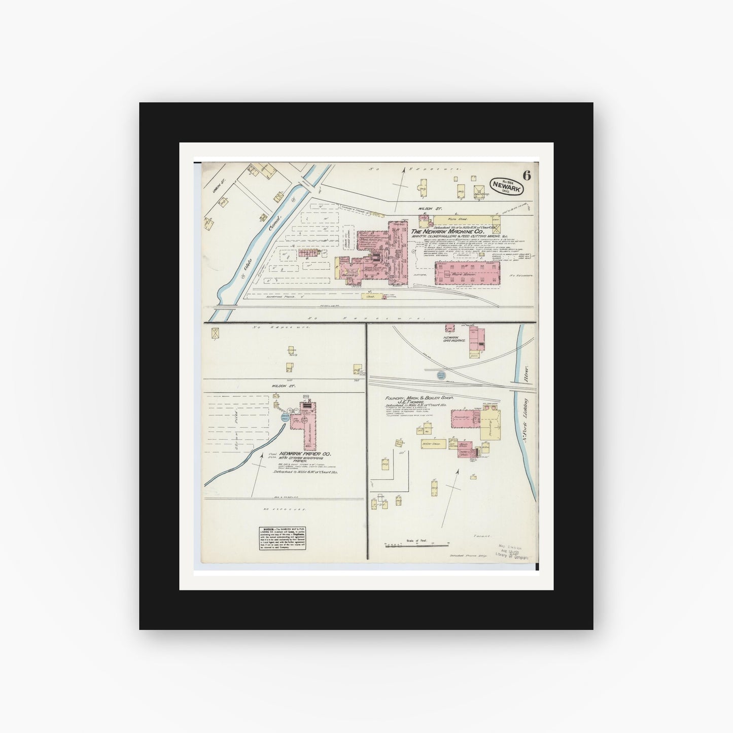 Old map wall art mockup — black gallery frame with white mat — Sanborn Fire Insurance Map from Newark, Licking County, Ohio (1884), Sheet #0006