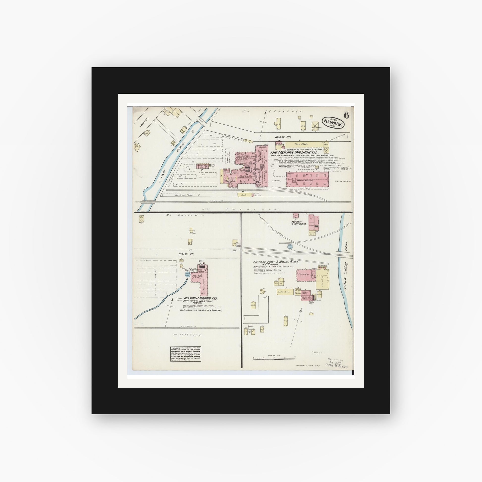 Old map wall art mockup — black gallery frame with white mat — Sanborn Fire Insurance Map from Newark, Licking County, Ohio (1884), Sheet #0006