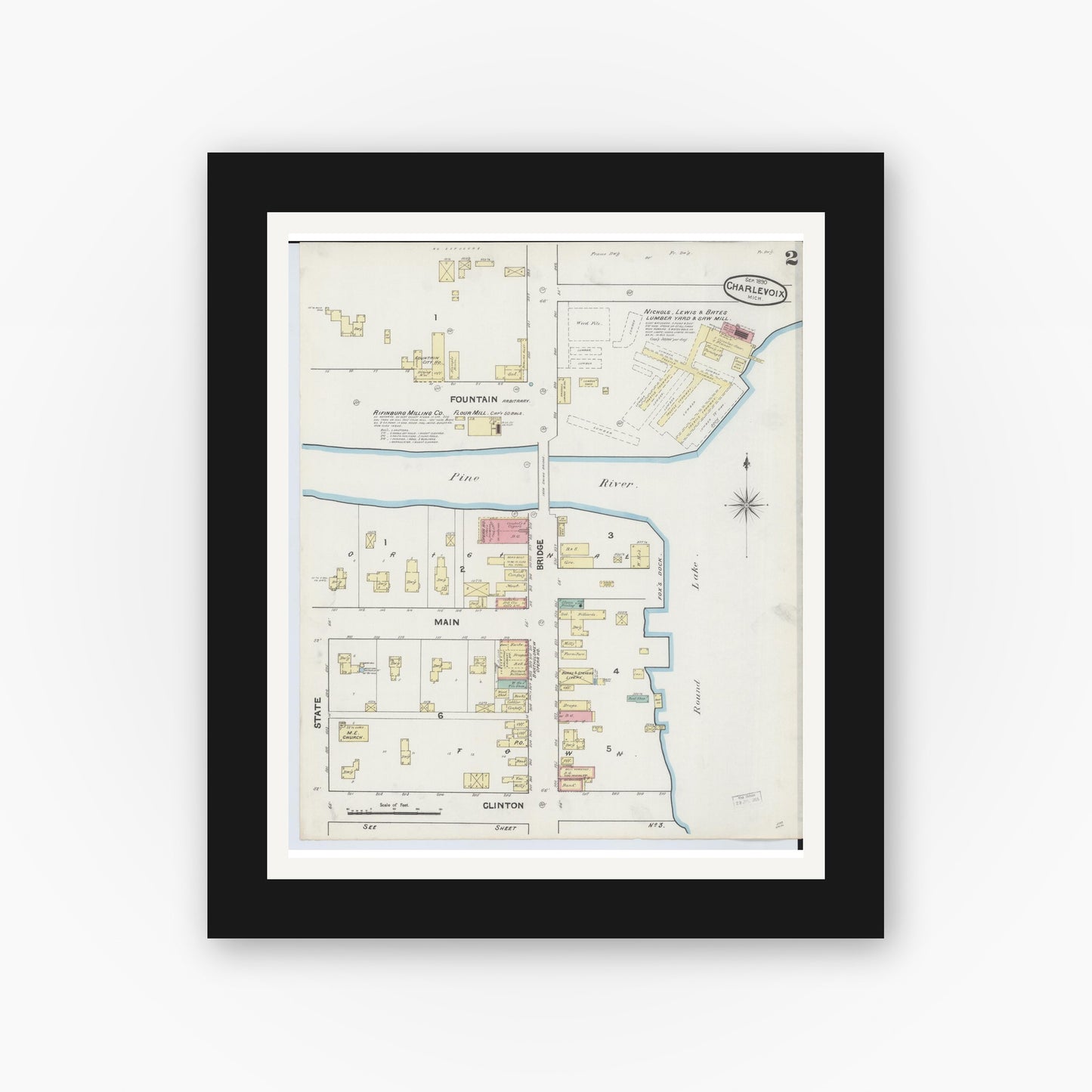 Old map wall art mockup — black gallery frame with white mat — Sanborn Fire Insurance Map from Charlevoix, Charlevoix County, Michigan (1890), Sheet #0002