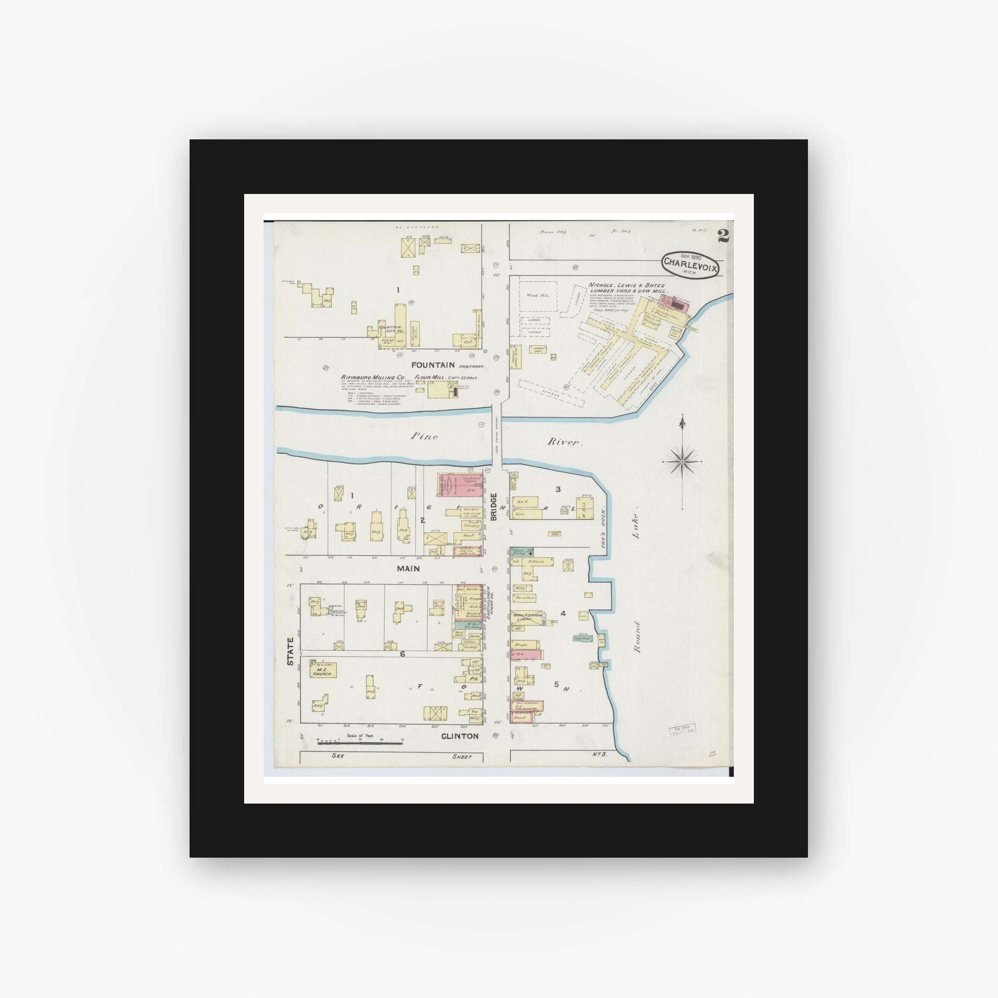 Old map wall art mockup — black gallery frame with white mat — Sanborn Fire Insurance Map from Charlevoix, Charlevoix County, Michigan (1890), Sheet #0002