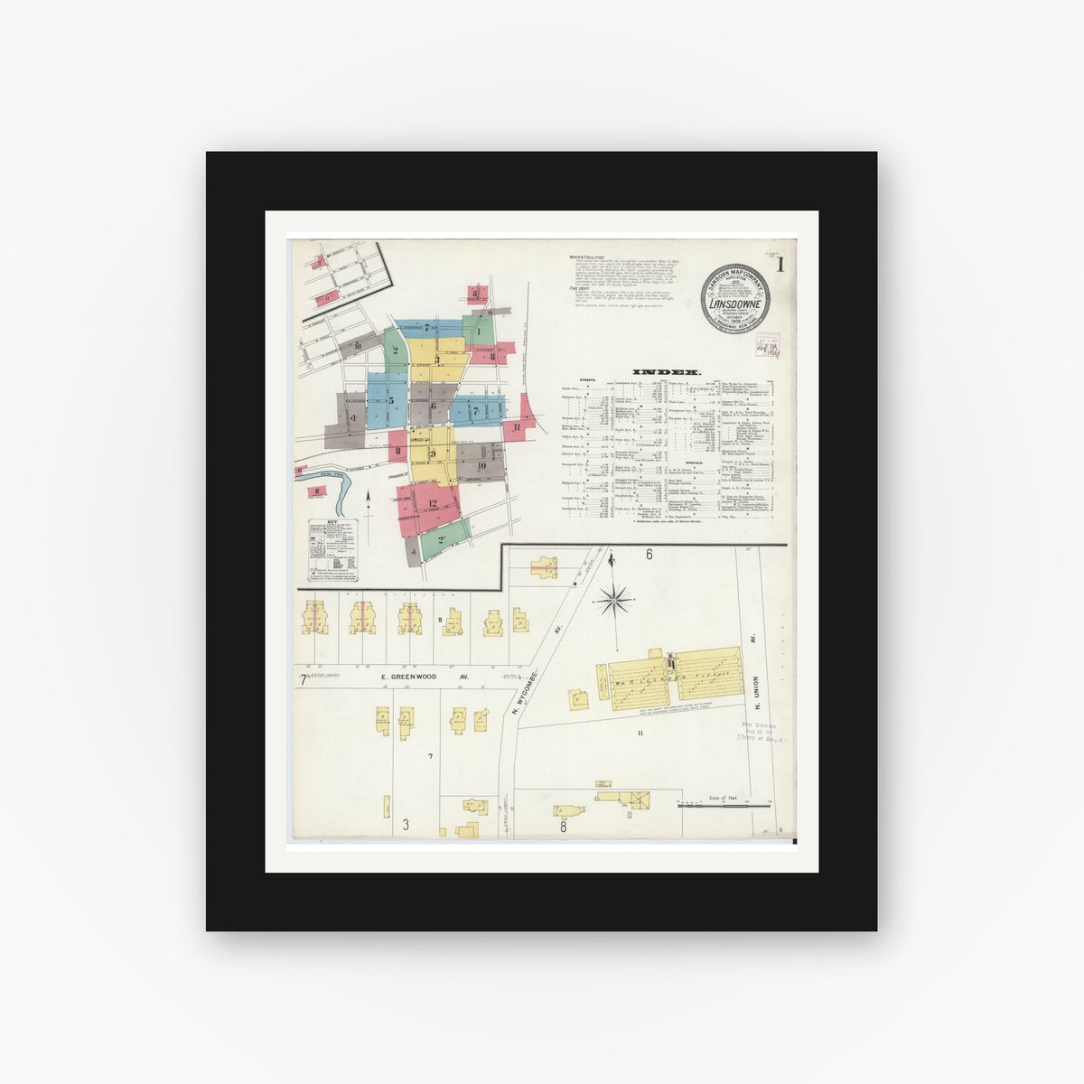 Old map wall art mockup — black gallery frame with white mat — Sanborn Fire Insurance Map from Lansdowne, Delaware County, Pennsylvania (1908), Sheet #0001