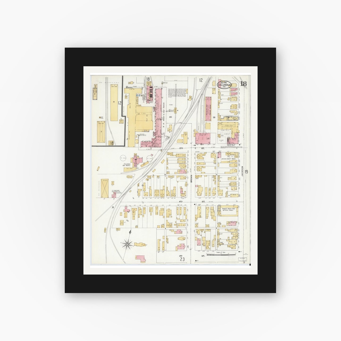 Old map wall art mockup — black gallery frame with white mat — Sanborn Fire Insurance Map from Columbus, Bartholomew County, Indiana (1906), Sheet #0018