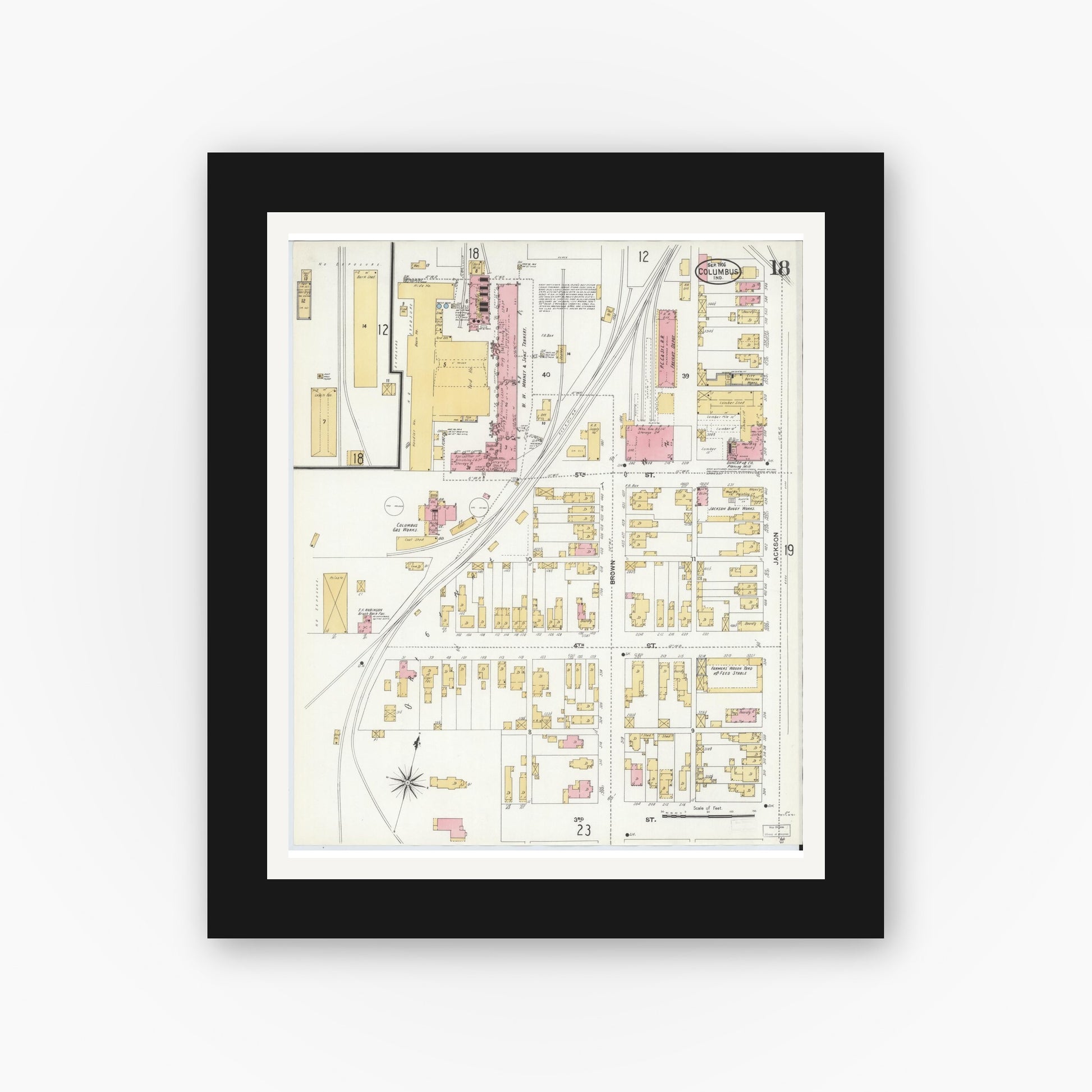 Old map wall art mockup — black gallery frame with white mat — Sanborn Fire Insurance Map from Columbus, Bartholomew County, Indiana (1906), Sheet #0018