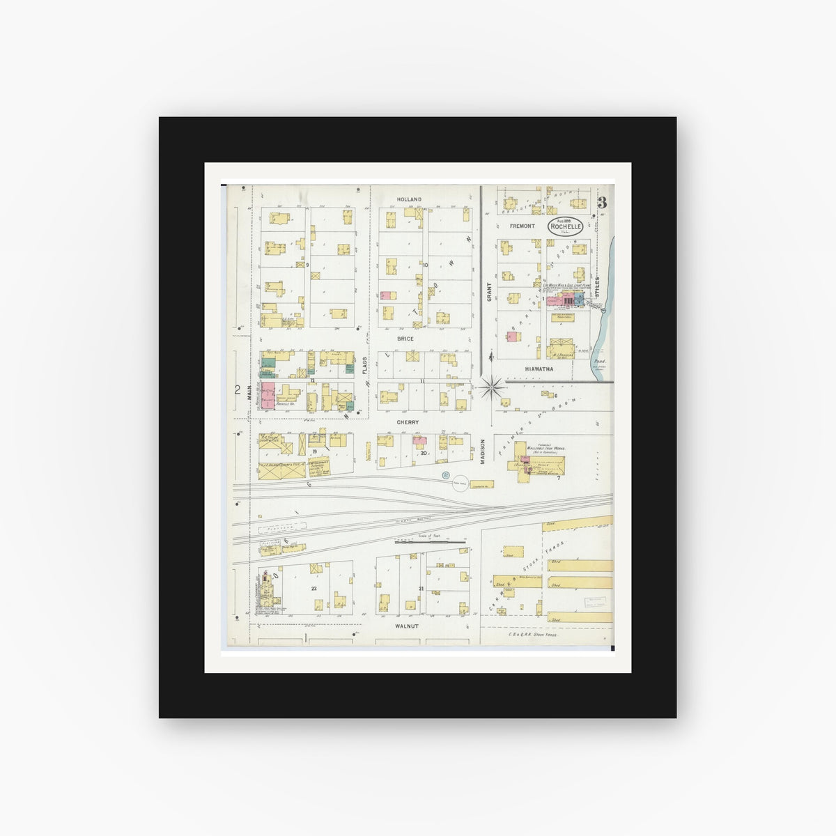 Old map wall art mockup — black gallery frame with white mat — Sanborn Fire Insurance Map from Rochelle, Ogle County, Illinois (1899), Sheet #0003
