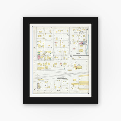 Old map wall art mockup — black gallery frame with white mat — Sanborn Fire Insurance Map from Rochelle, Ogle County, Illinois (1899), Sheet #0003