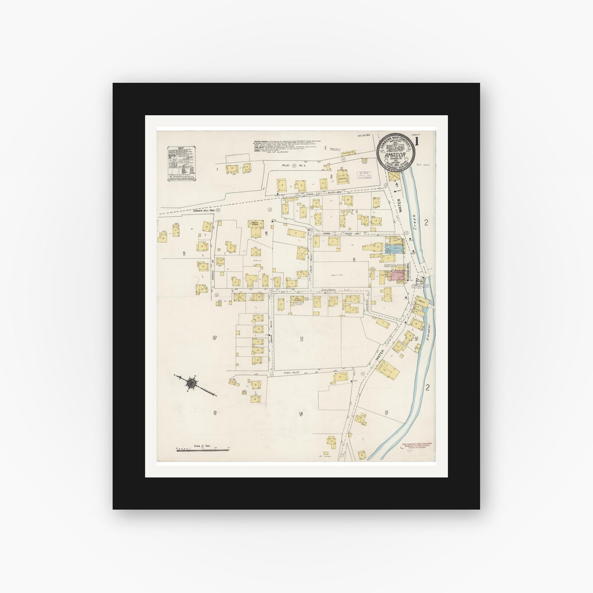 Old map wall art mockup — black gallery frame with white mat — Sanborn Fire Insurance Map from Amador, Amador County, California (1912), Sheet #0001