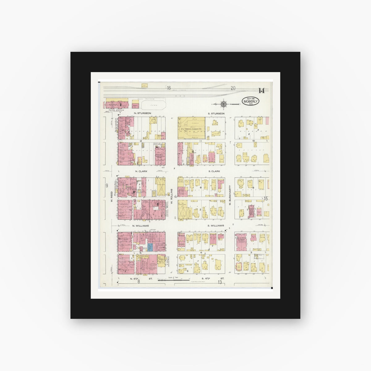 Old map wall art mockup — black gallery frame with white mat — Sanborn Fire Insurance Map from Moberly, Randolph County, Missouri (1916), Sheet #0014