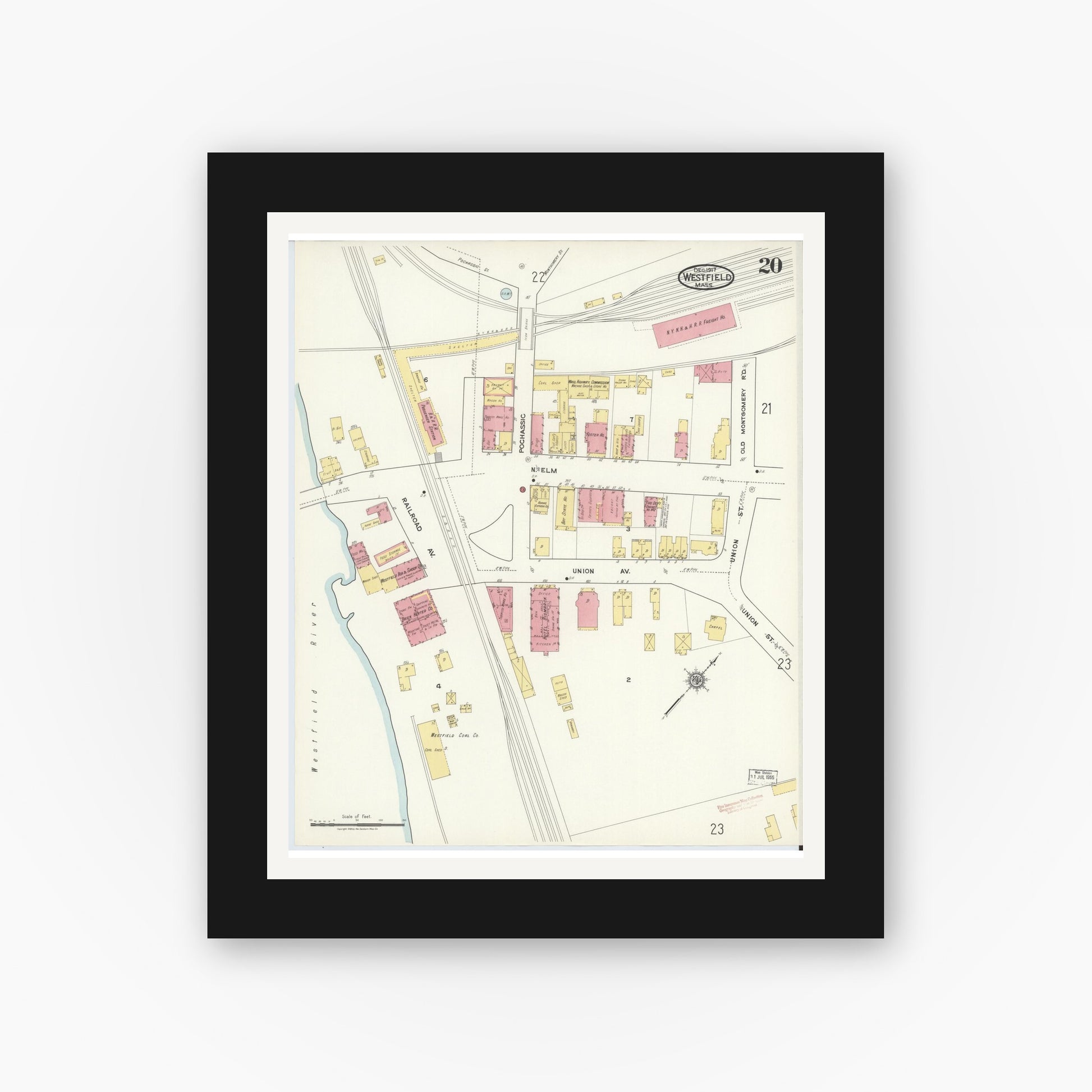 Old map wall art mockup — black gallery frame with white mat — Sanborn Fire Insurance Map from Westfield, Hampden County, Massachusetts (1917), Sheet #0020