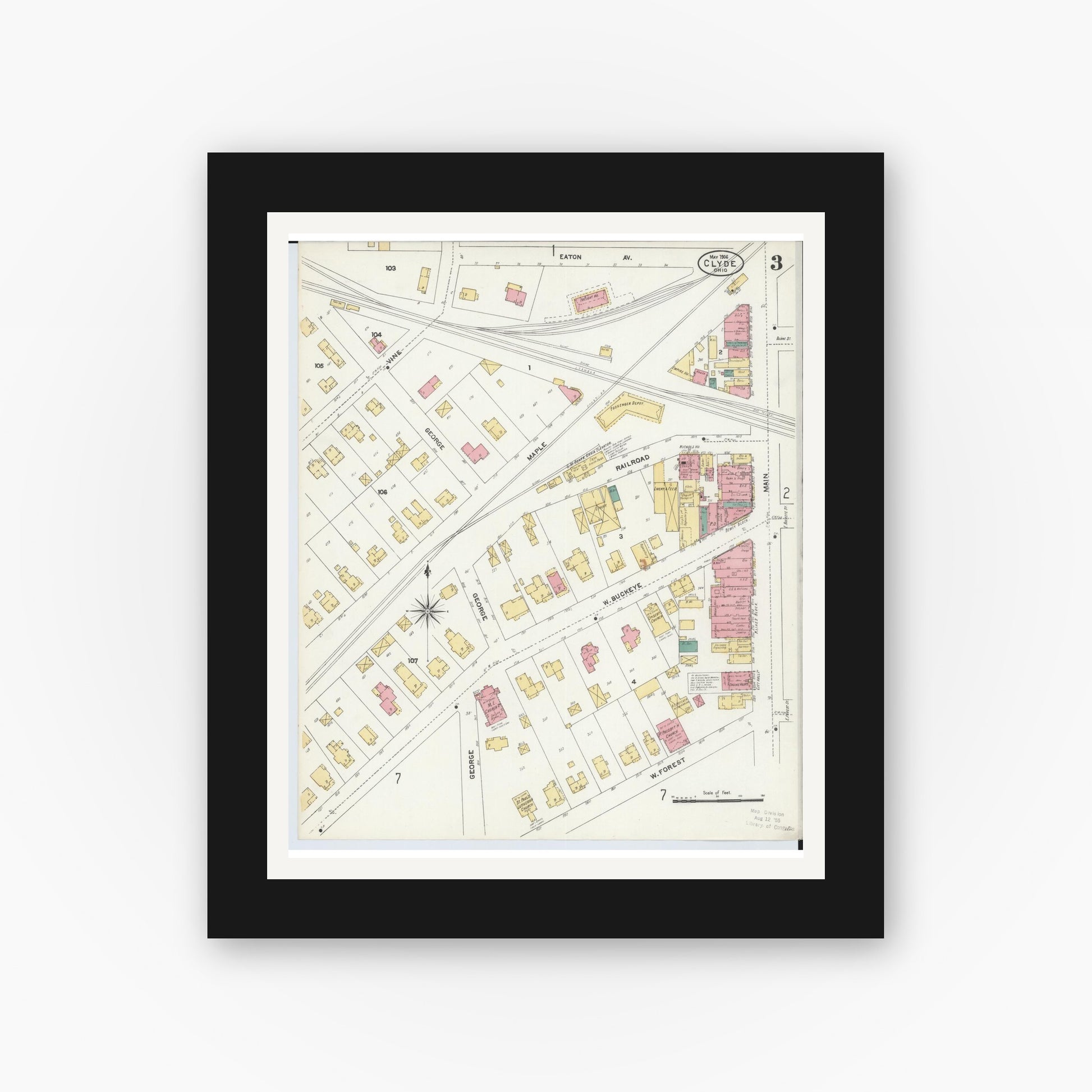 Old map wall art mockup — black gallery frame with white mat — Sanborn Fire Insurance Map from Clyde, Sandusky County, Ohio (1906), Sheet #0003