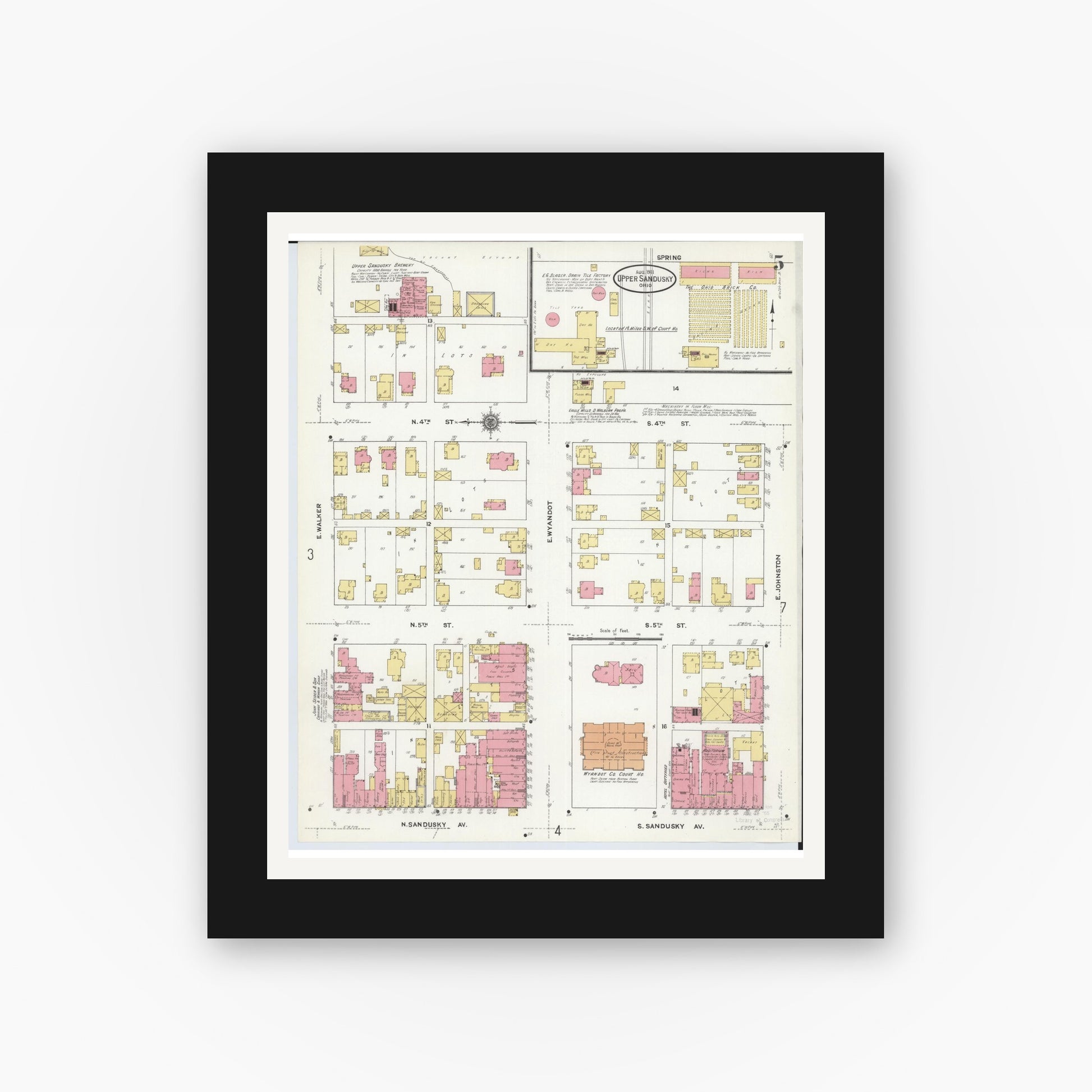 Old map wall art mockup — black gallery frame with white mat — Sanborn Fire Insurance Map from Upper Sandusky, Wyandot County, Ohio (1911), Sheet #0005