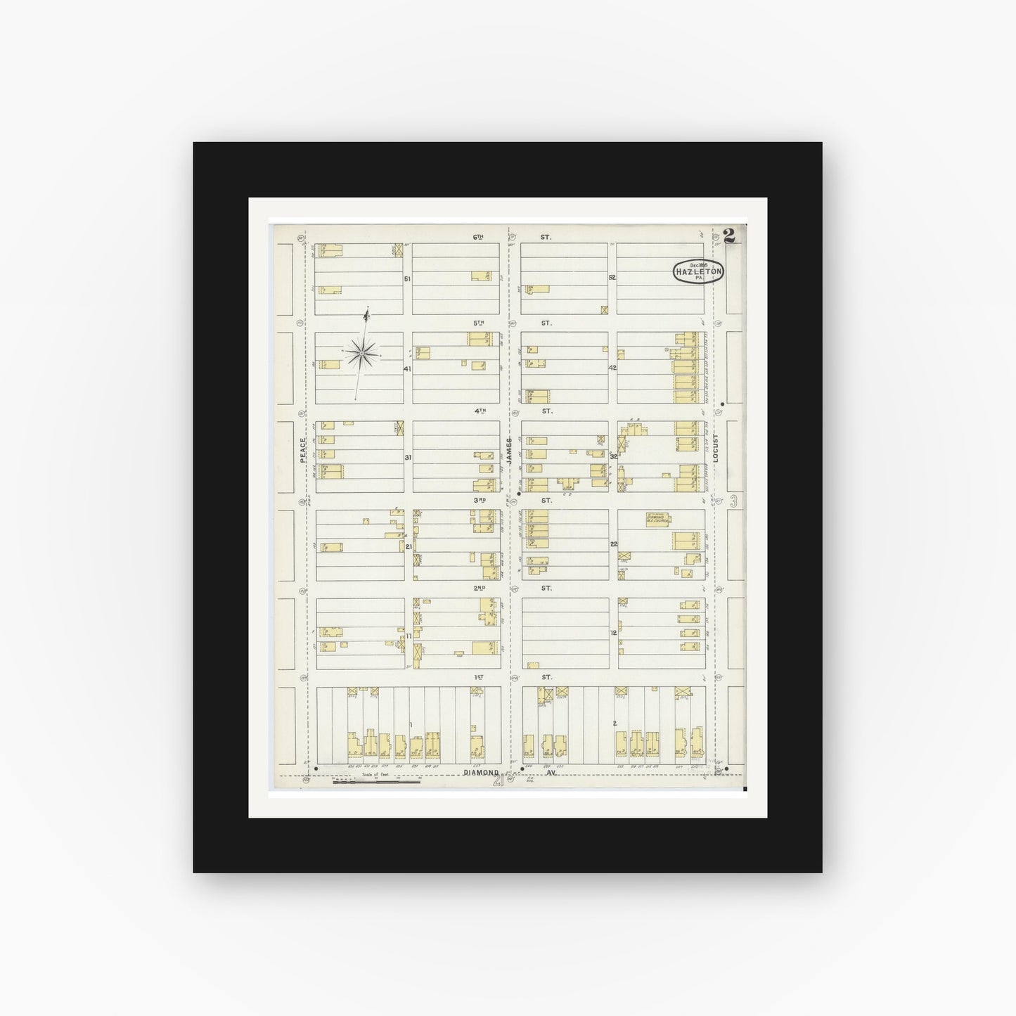 Old map wall art mockup — black gallery frame with white mat — Sanborn Fire Insurance Map from Hazleton, Luzerne County, Pennsylvania (1895), Sheet #0002