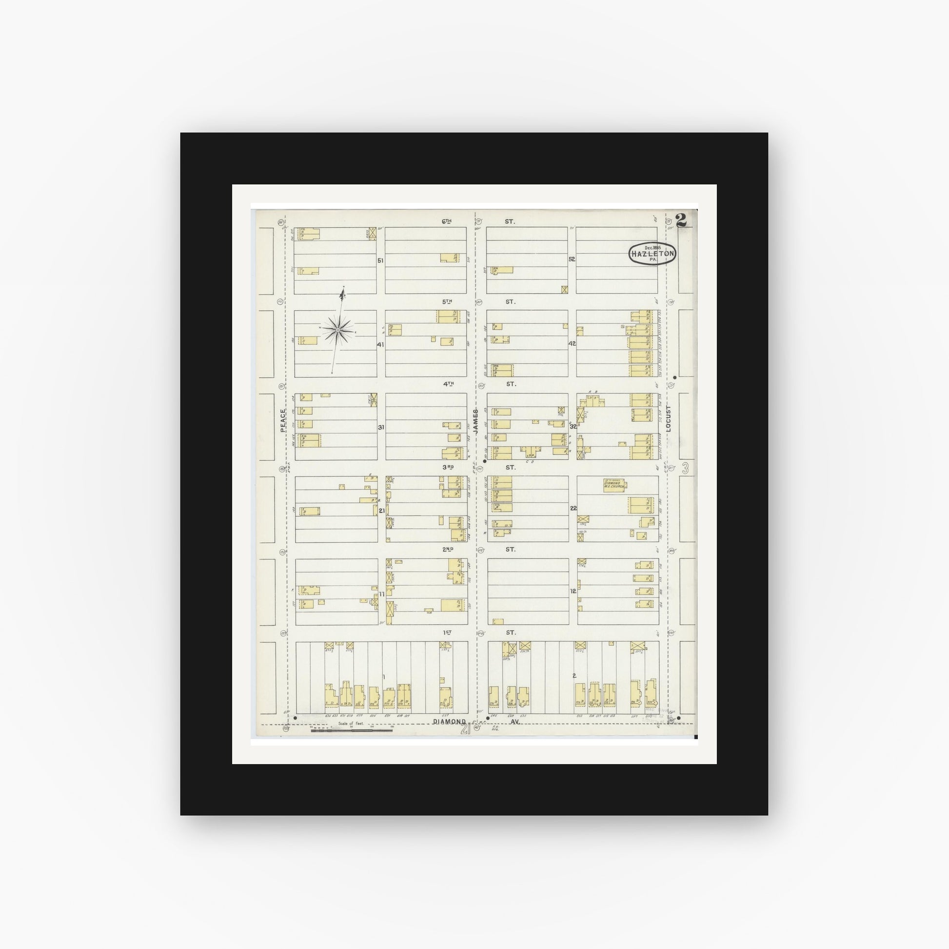 Old map wall art mockup — black gallery frame with white mat — Sanborn Fire Insurance Map from Hazleton, Luzerne County, Pennsylvania (1895), Sheet #0002