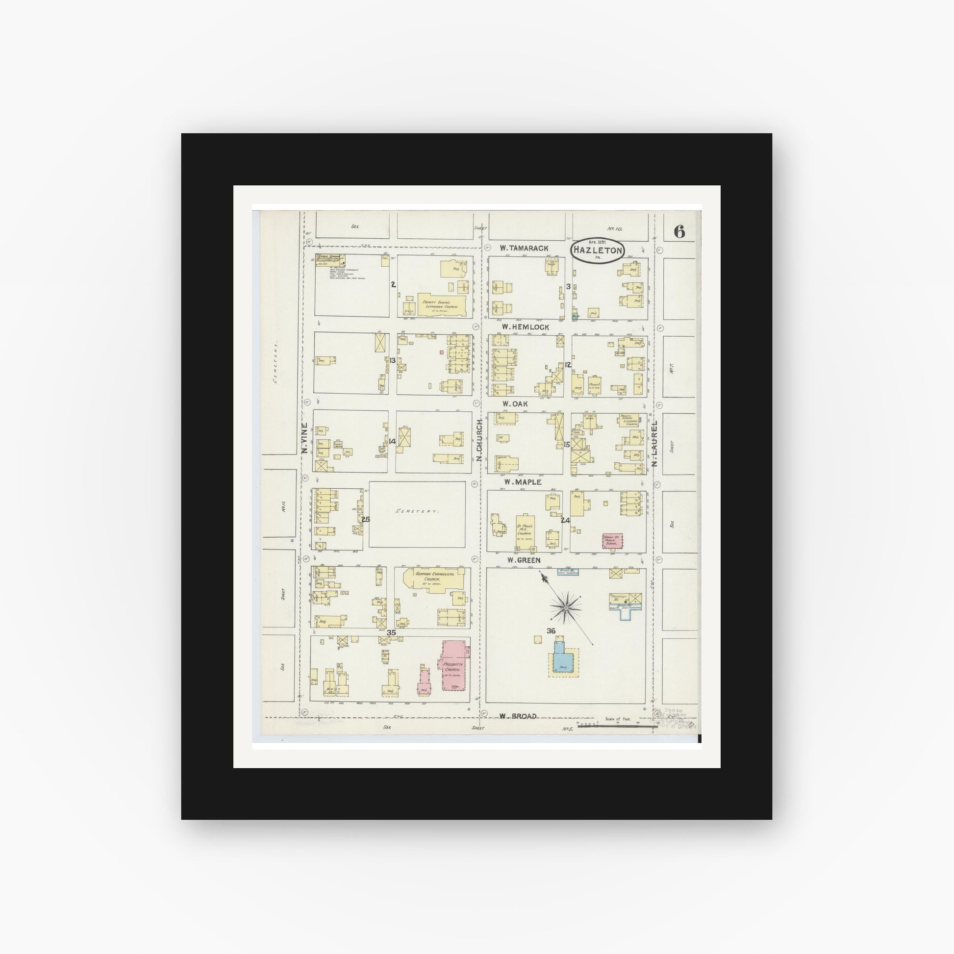 Old map wall art mockup — black gallery frame with white mat — Sanborn Fire Insurance Map from Hazleton, Luzerne County, Pennsylvania (1891), Sheet #0006