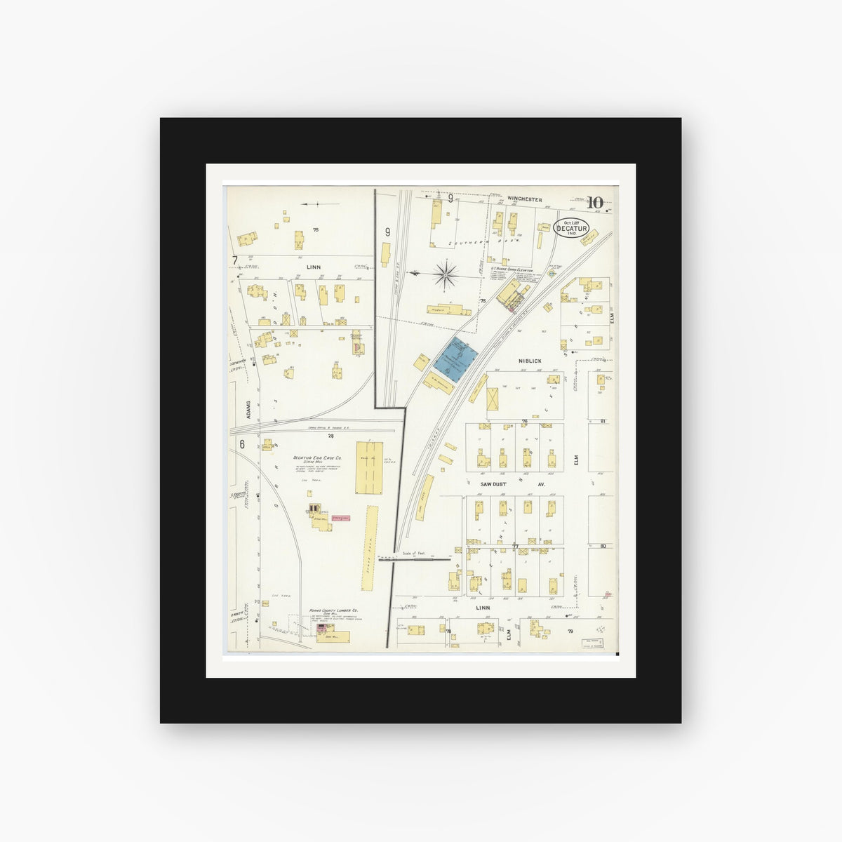 Old map wall art mockup — black gallery frame with white mat — Sanborn Fire Insurance Map from Decatur, Adams County, Indiana (1907), Sheet #0010
