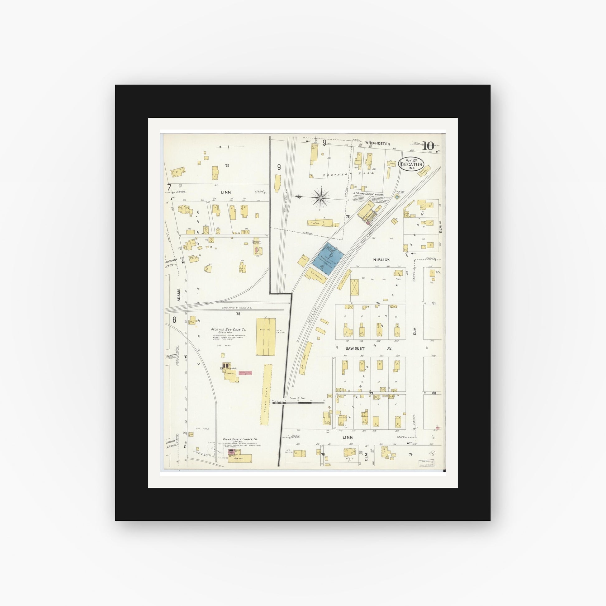 Old map wall art mockup — black gallery frame with white mat — Sanborn Fire Insurance Map from Decatur, Adams County, Indiana (1907), Sheet #0010
