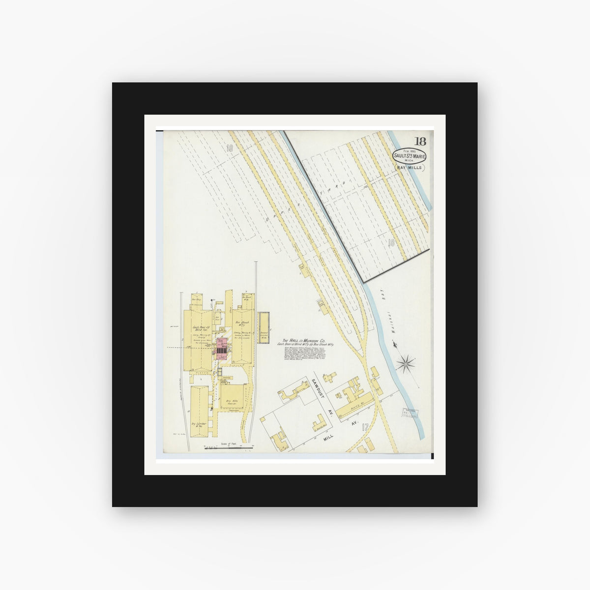 Old map wall art mockup — black gallery frame with white mat — Sanborn Fire Insurance Map from Sault Sainte Marie, Chippewa County, Michigan (1895), Sheet #0018