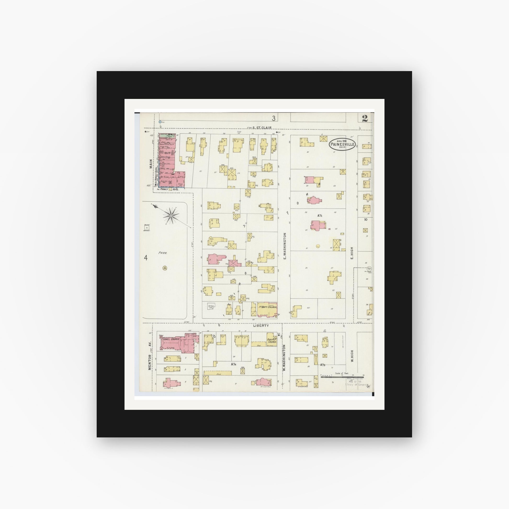 Old map wall art mockup — black gallery frame with white mat — Sanborn Fire Insurance Map from Painesville, Lake County, Ohio (1898), Sheet #0002
