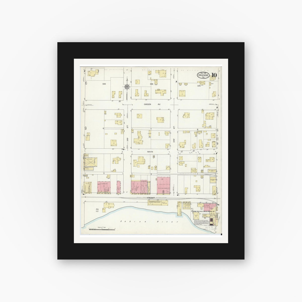 Old map wall art mockup — black gallery frame with white mat — Sanborn Fire Insurance Map from Orange, Orange County, Texas (1914), Sheet #0010
