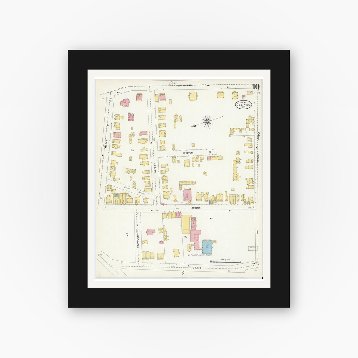 Old map wall art mockup — black gallery frame with white mat — Sanborn Fire Insurance Map from Ossining, Westchester County, New York (1903), Sheet #0010