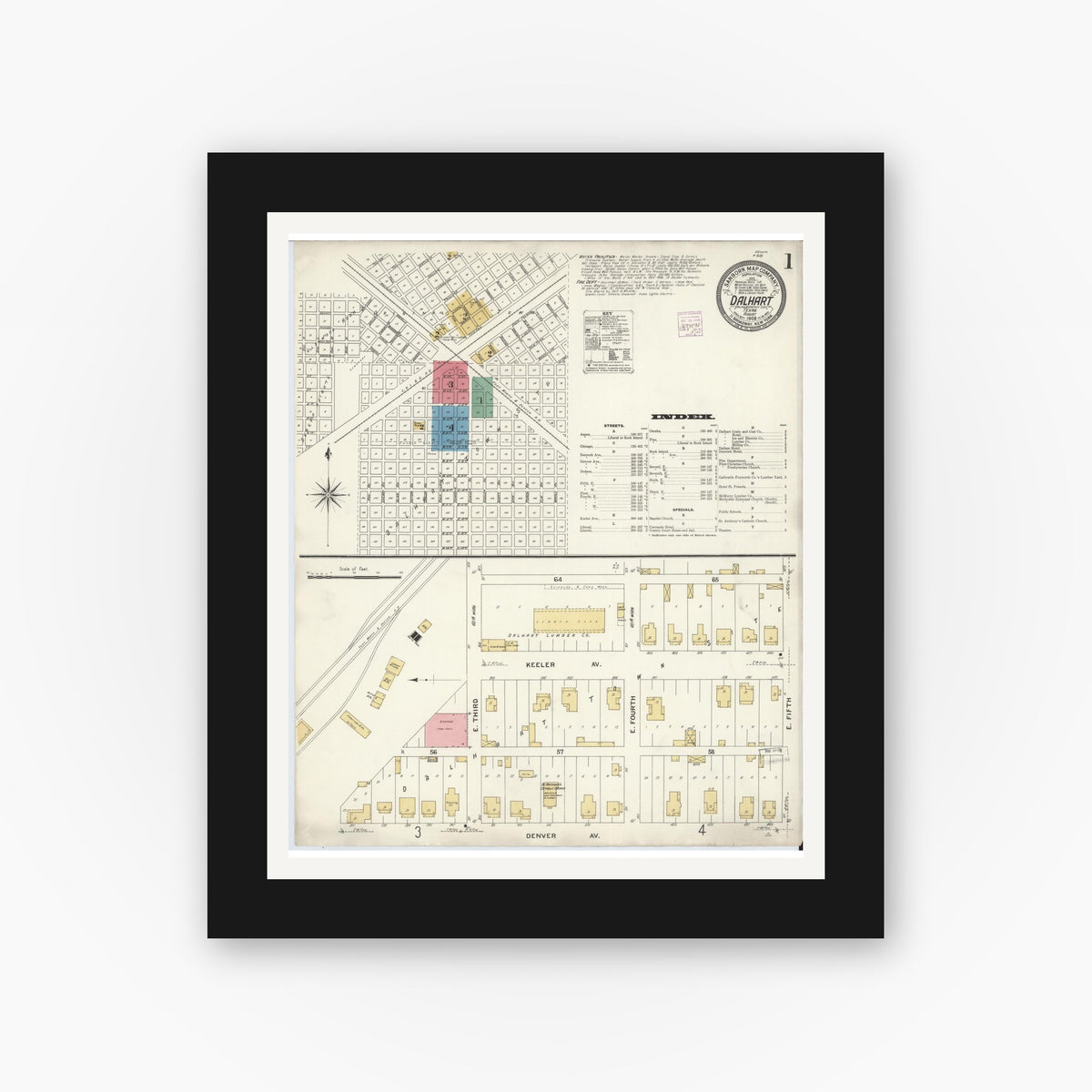 Old map wall art mockup — black gallery frame with white mat — Sanborn Fire Insurance Map from Dalhart, Dallam And Hartley County, Texas (1908) - Complete Map Set