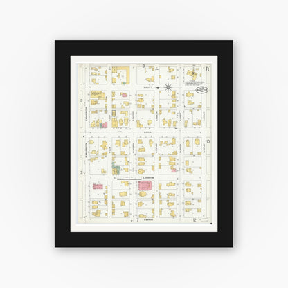 Old map wall art mockup — black gallery frame with white mat — Sanborn Fire Insurance Map from Bluffton, Wells County, Indiana (1900), Sheet #0008