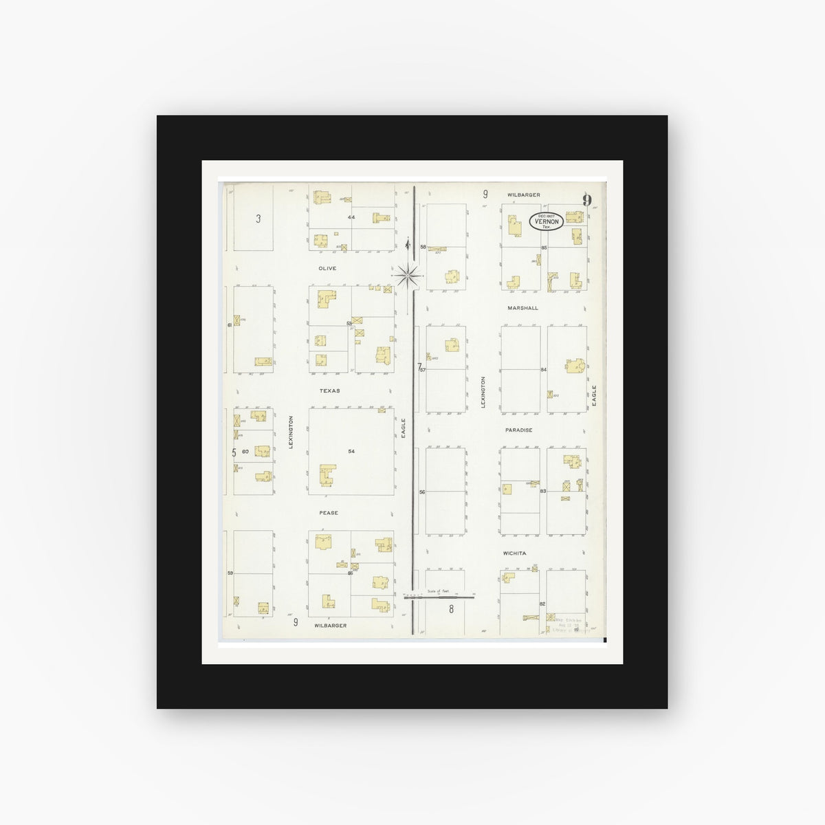Old map wall art mockup — black gallery frame with white mat — Sanborn Fire Insurance Map from Vernon, Wilbarger County, Texas (1907), Sheet #0009