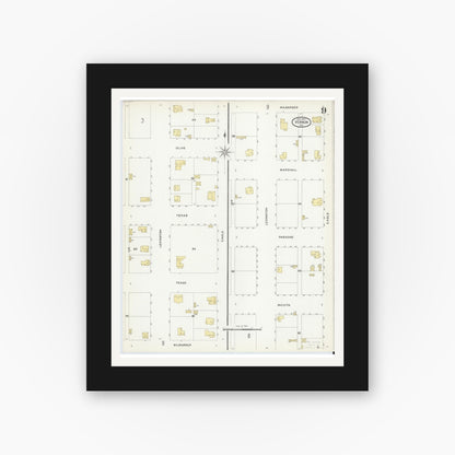 Old map wall art mockup — black gallery frame with white mat — Sanborn Fire Insurance Map from Vernon, Wilbarger County, Texas (1907), Sheet #0009
